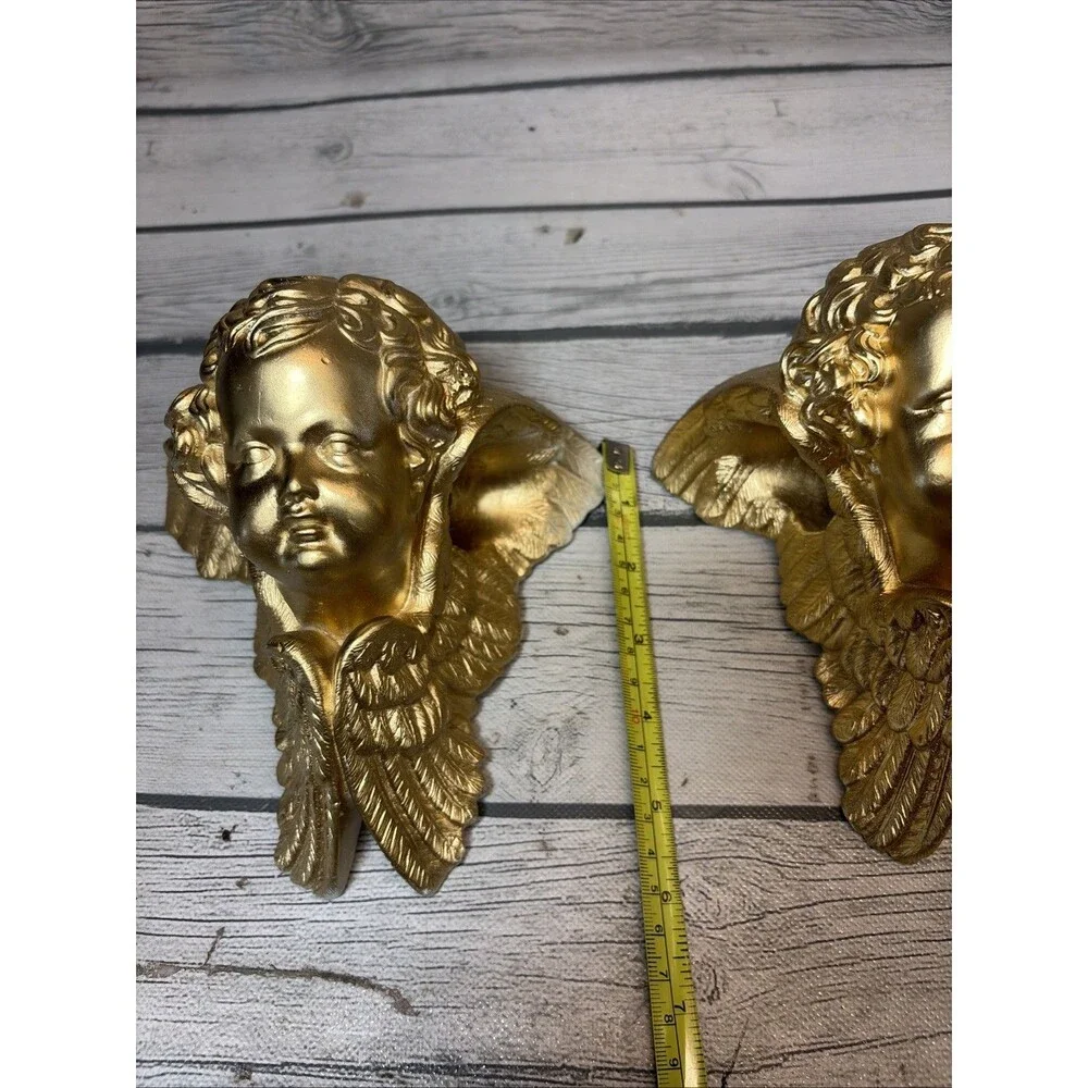 2 Vintage Hard Plaster Cherub Drapery Curtain Rod Wall Sconce Swag Holders